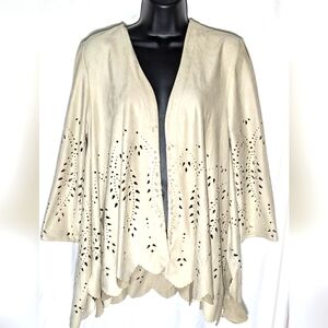 Chico’s Taupe Micro suede laser cut cardigan Faux-Suede Cutwork‎ Jacket | Size 1
